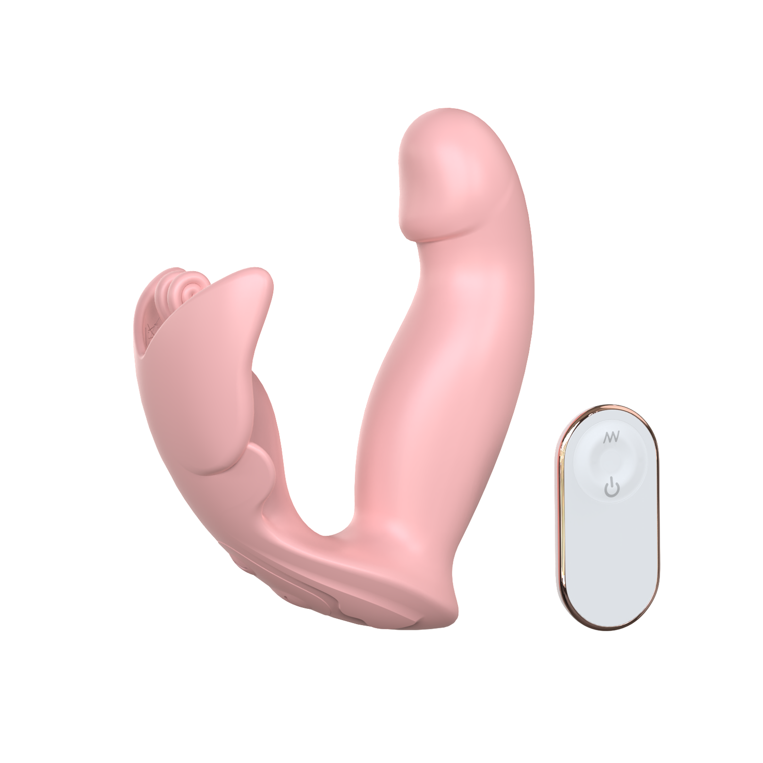 Butterfly-inspired dual vibrator with a white remote control on transparent background