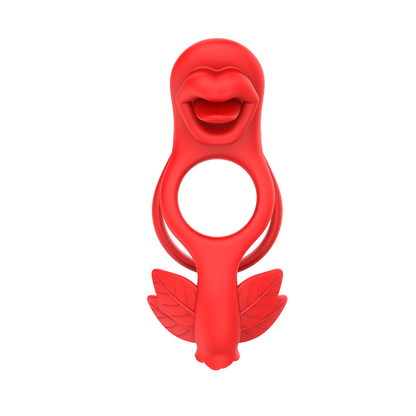 Red silicone couple's vibrator with a cock ring and a clit-stimulator on white background