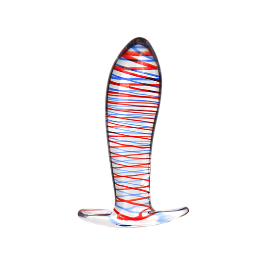 Colorful striped glass anal plug on a white background