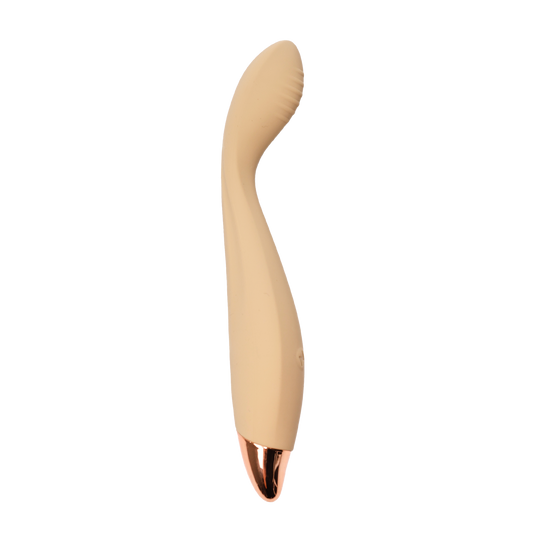 Beige and rose gold curved vibrator on a white background