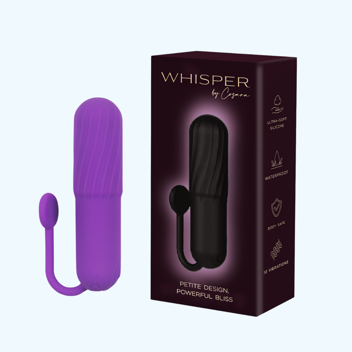 Whisper vibe in purple variant next to the box package